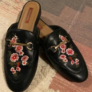 Faux leather embroidered mules